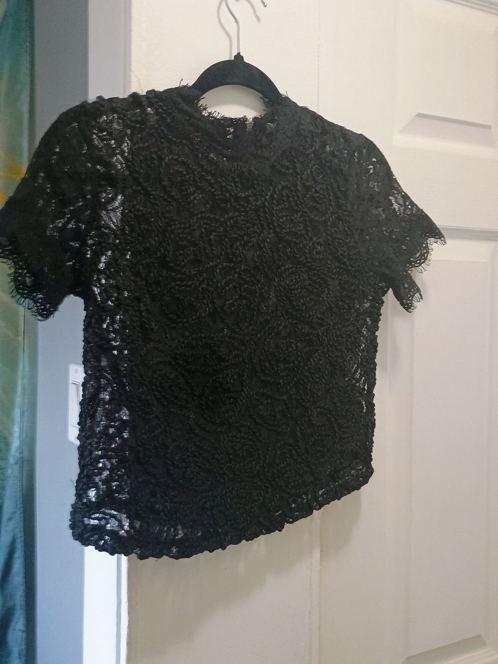 Zara, Black Lace Short-Sleeve Women's Top with Back Zipper Size Small